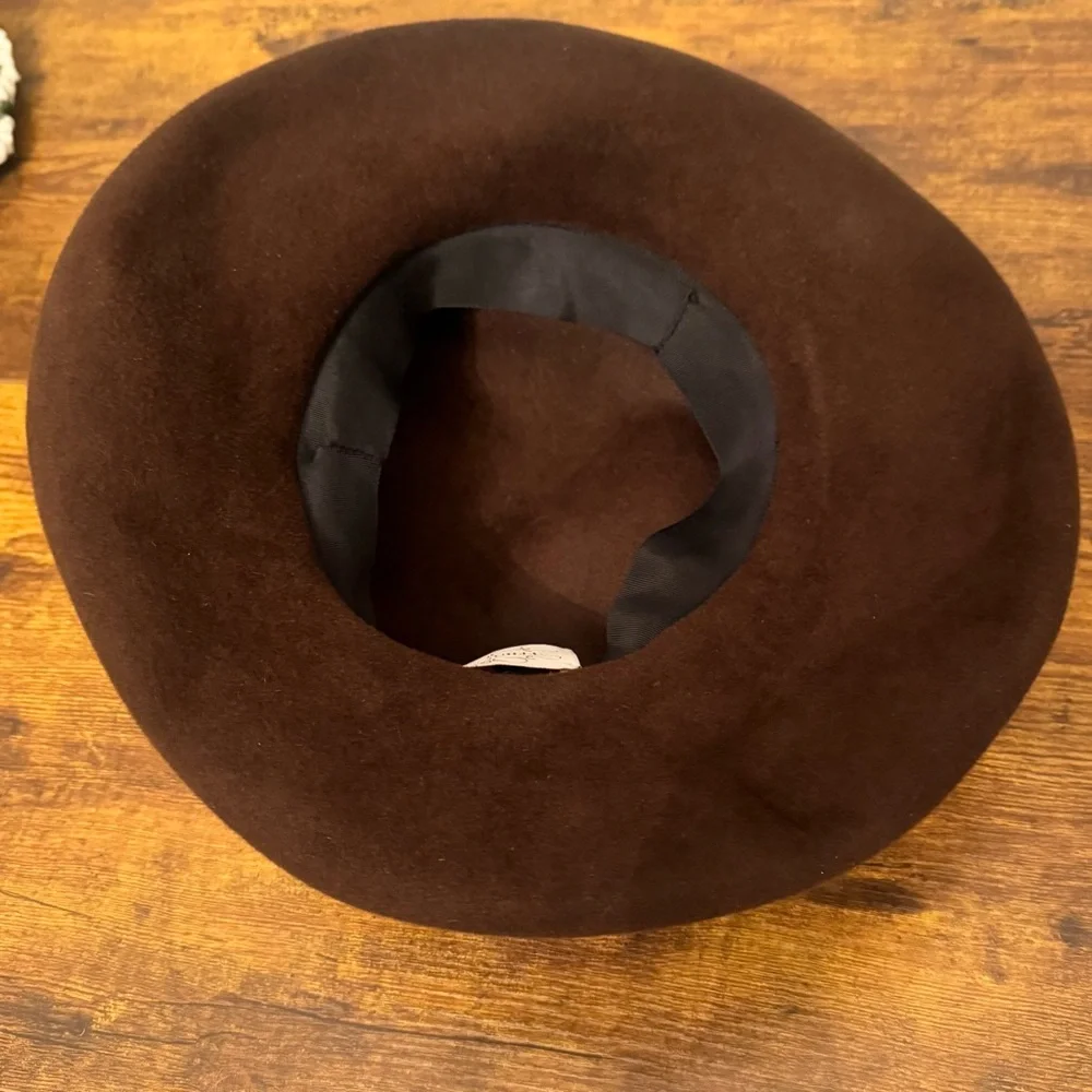 Vintage‎ Ann Vuille 1980s Brown Felt Hat Velvet Band Large Rosette Flower